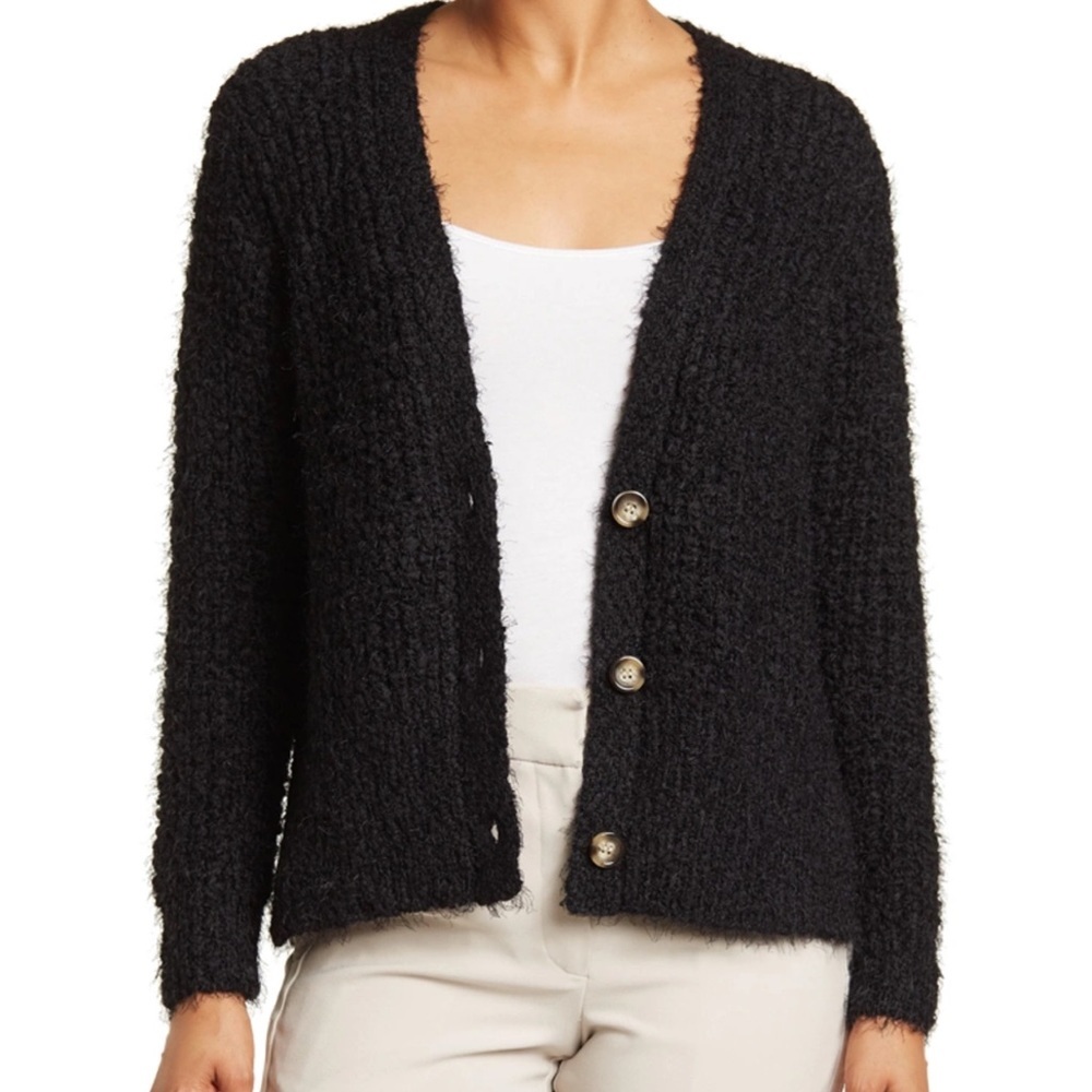 Catherine Malandrino Eyelet Knit Cardigan Black Size Large V-Neck Chunky Sweater